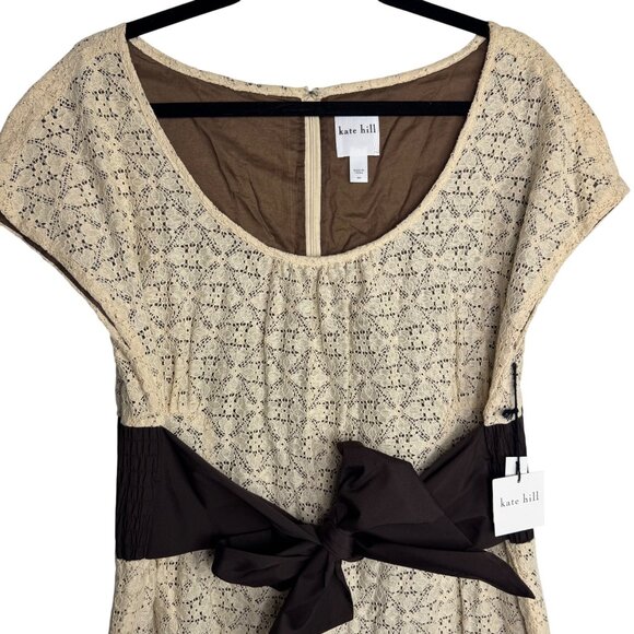 NWT Kate Hill Beige‎ & Brown Lace Dress Bow Tie Waist Cottagecore Prairie Sz 14P - Picture 2 of 12